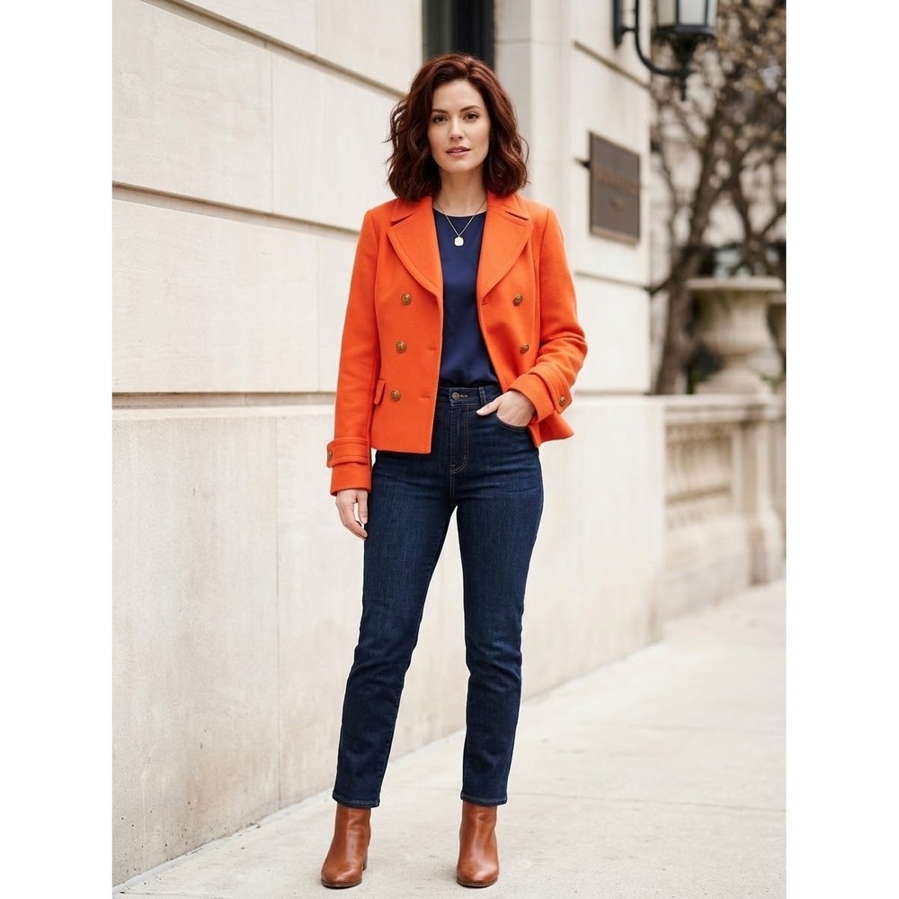 Banana Republic Orange Cotton Double Breasted Cropped Pea Coat Jacket Small